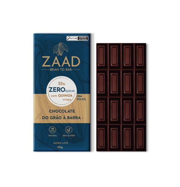 Chocolate 55% Zero Açúcar com Quinoa Crispy – leve, cremoso e nutritivo.